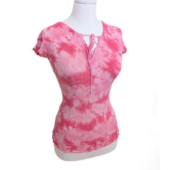 Vintage Y2K Knit Pink Tie Dye T Shirt Lettuce Hem Boho Beach Cute Pastel Sz S - Picture 2 of 12